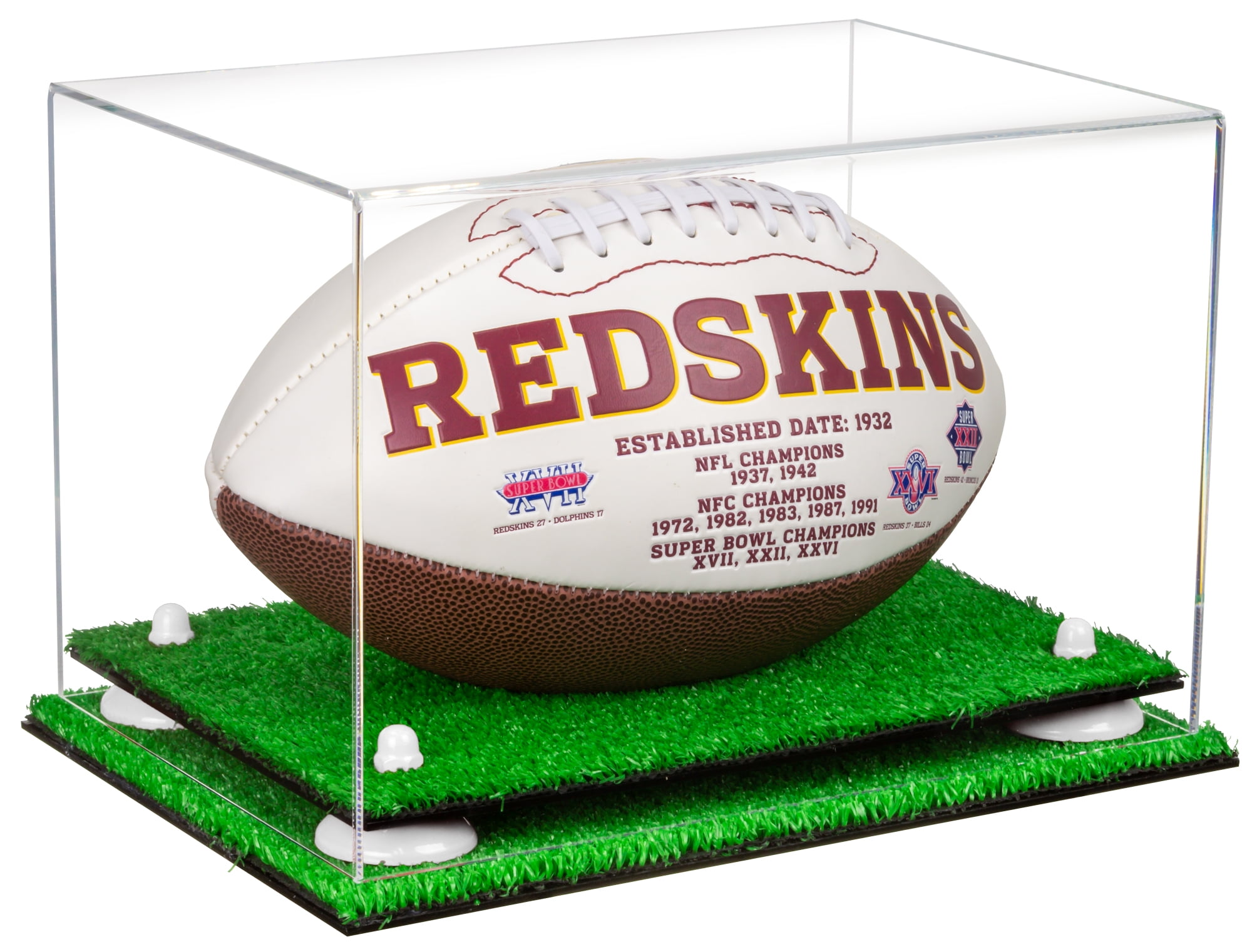 Deluxe Clear Acrylic Football Display Case with White Risers and Turf