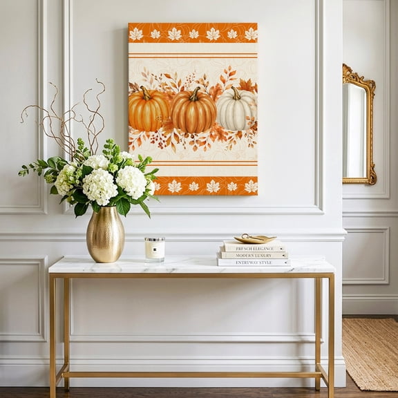 Thanksgiving Orange White Pumpkin Canvas Wall Art, Framed Wall Art Waterproof Canvas Prints Paintings 16"x24", Fall Leaves on Linen Oil Painting for Bedroom Living Room Bathroom Home Decor