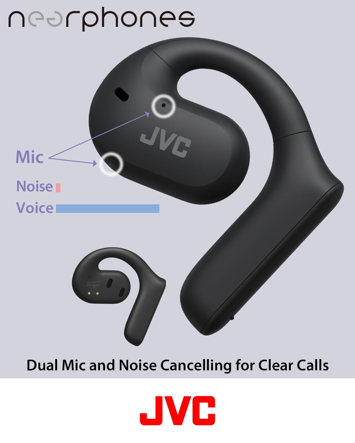 JVC Nearphones Open Ear True Wireless Headphones with 16mm Large Drivers for Powerful Sound, Single Ear use, and Long Battery Life (up to 17 Hours) - HANP35TB (Black)
