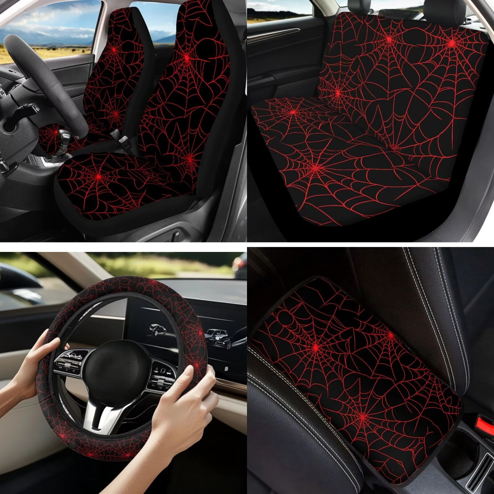 Garronmavis Red Spider Web Car Accessories Set of 13 Pieces Including Front and Rear Seat Covers Armrest Pad Steering Wheel Cover Seat Belt Cover Keychain Lipstick Cover Coasters