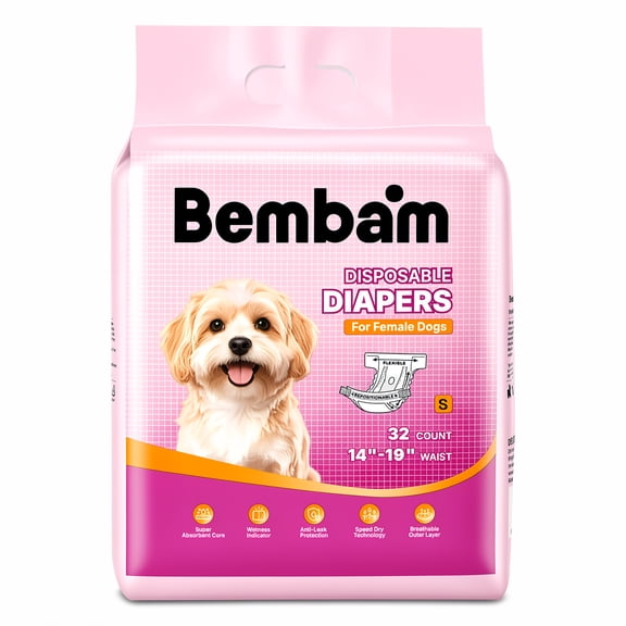 Bembam Disposable Female Dog Diapers, 32 Count, Small Size, Super Absorbent Leak-Proof with Wetness Indicator