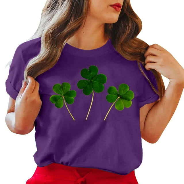 LSLJS T-Shirt à Col Rond de la Saint-Patrick à Imprimé Quatre Feuilles à Manches Courtes Décontracté Ample Haut à Manches Courtes Haut/chemise à Manches Courtes à Col Rond, Cadeaux pour Femmes