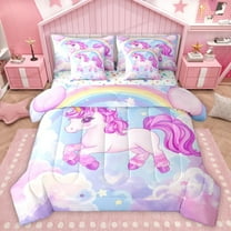 Homewish Cute Animal Unicorn Twin Bedding Sets 7-Piece for Kids Child Girls,Dreamy Princess Bedding Comforter Set Microfiber,Cartoon Rainbow Breathable Sheet Sets,Breathable Home Decor,Reversible