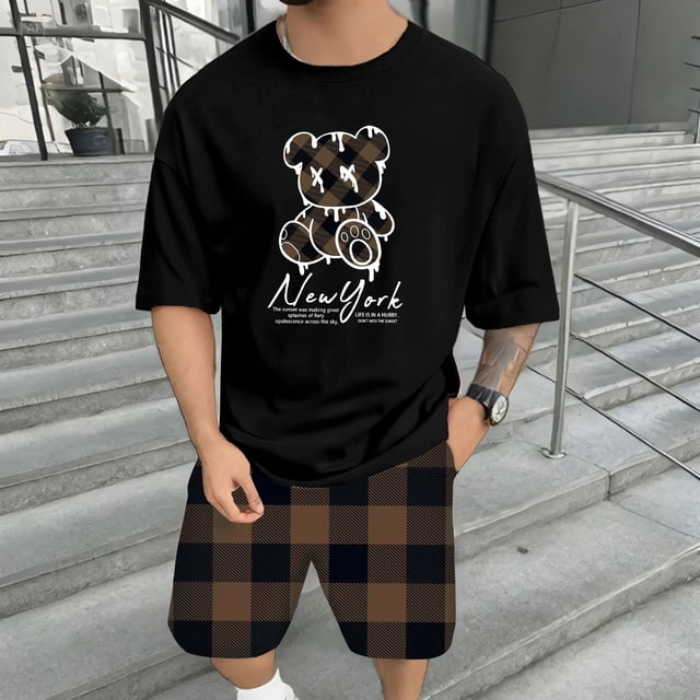 WILLBEST Conjunto de Camiseta y Pantalones Cortos de Verano para Hombre, Informal, con Estampado de Oso, Diseño A Cuadros, para Gimnasio, Deportes y Vacaciones