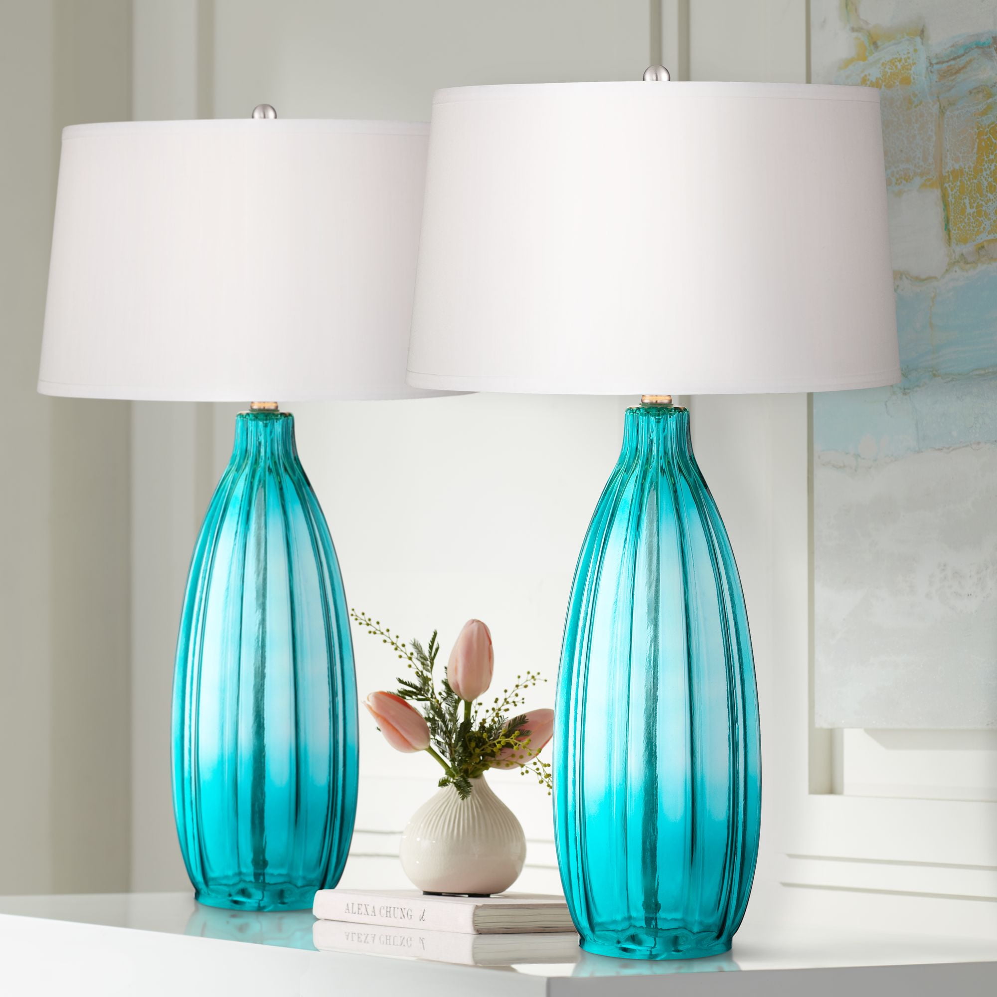 360 Lighting Coastal Table Lamps 30" Tall Set of 2 Fluted Blue Glass