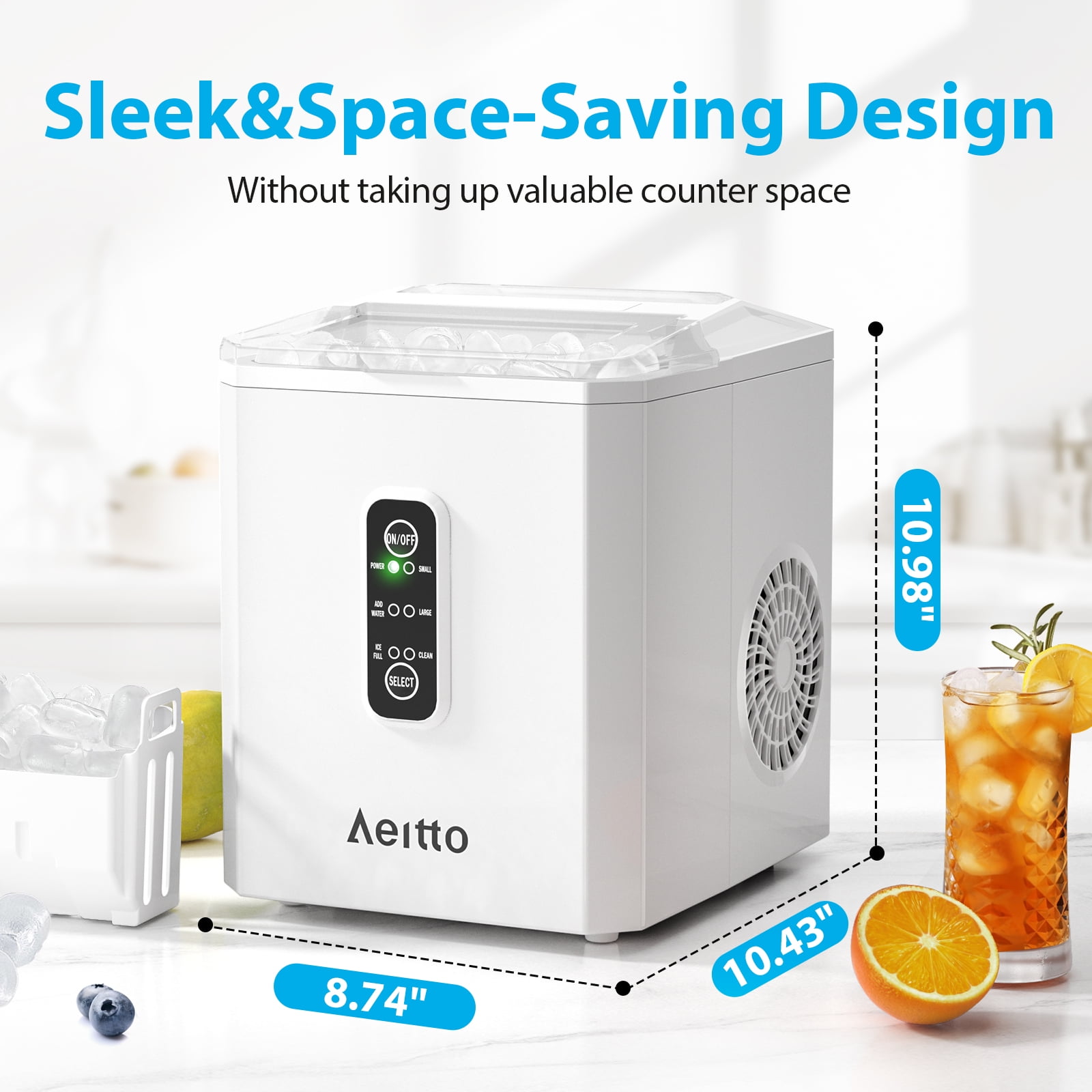 Aeitto Bullet Ice Maker Countertop, 26lbs in 24Hrs, Portable Ice Maker Machine with Self-Cleaning Function,Selectable Ice Size,Ice Machine for Home/Kitchen/Bar,White