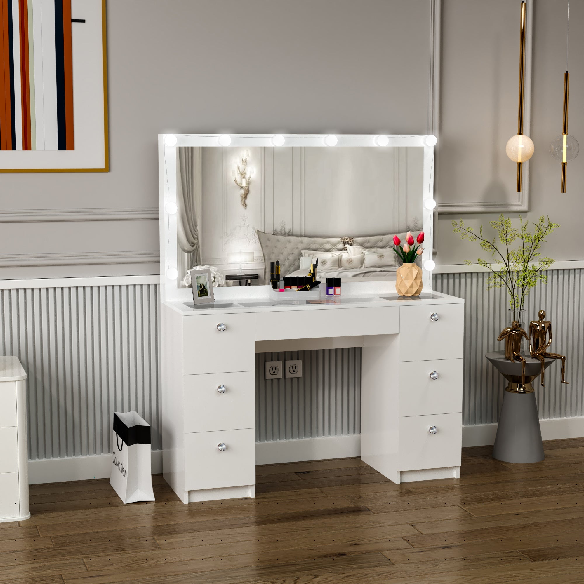 Ember Interiors Ibbie Modern White Painted Vanity Table, Lights, for