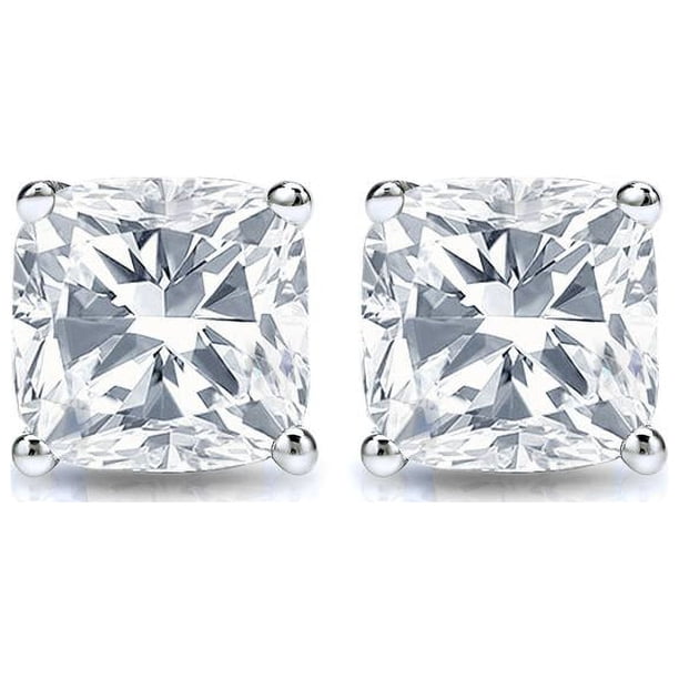 JeenMata Aros Tipo Botón Solitario de 4 Puntas con Diamantes de Talla Cojín de 0,5 Quilates Bañados en Oro Blanco de 18 K sobre Plata
