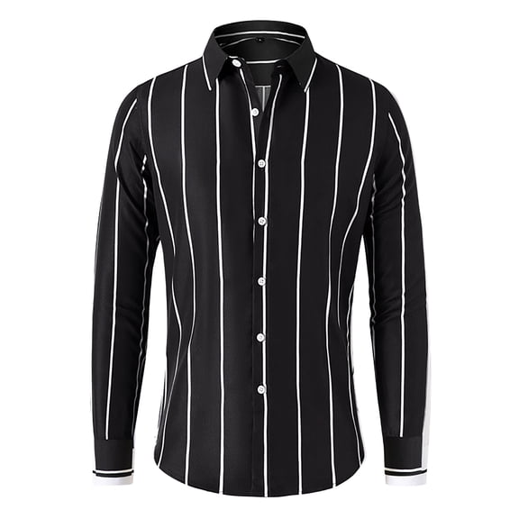 Manxivoo Mens Shirts Men's Fashion Spring and Summer Casual Long Sleeved Lapel Striped Shirt Blouse Mens Dress Shirts Black L