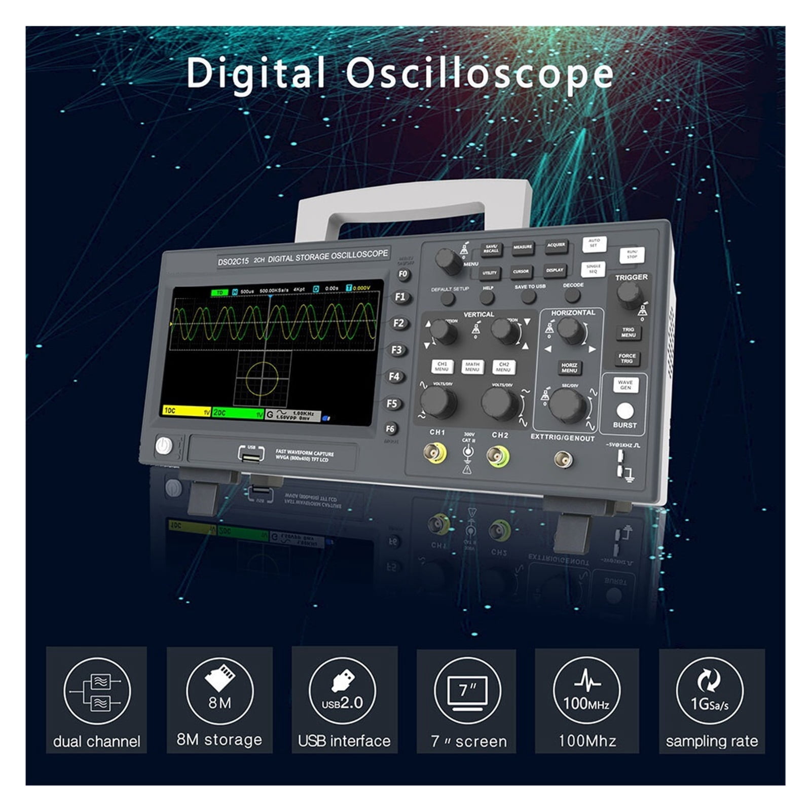 DSO2C10 2C15 2D10 2D15 Digital Storage Oscilloscope 2 Channels 100Mhz/150Mhz USB 1GSa/s Sample Rate Meter ,Professional Designed