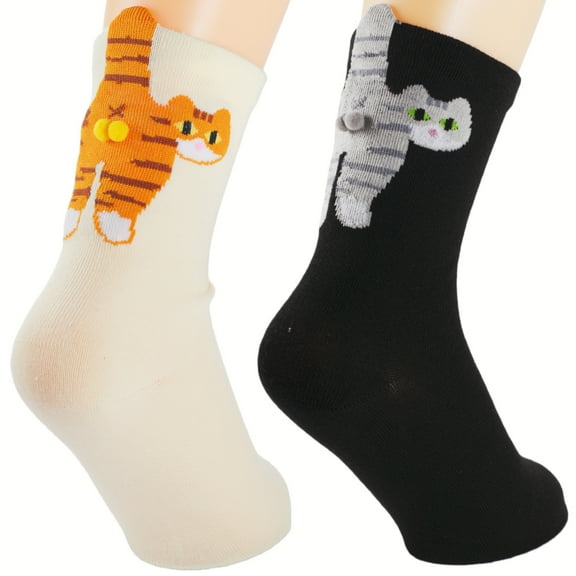 2 Pairs Cute Cat Socks with Balls,3D Funny Animal Butt Crew Sock, Novelty  Kitty Socks Gift for Women Cats Lovers