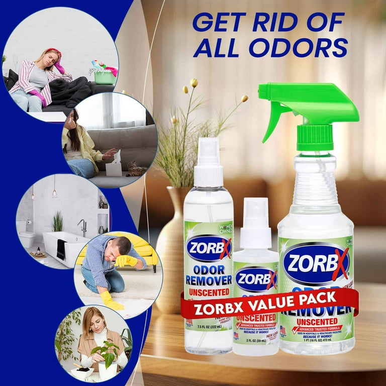 ZORBX Unscented Odor Eliminator Spray for Hospitals & Healthcare – Dog,  Cat, Car & Carpet Deodorizer (16oz + 7.5oz + 2oz)