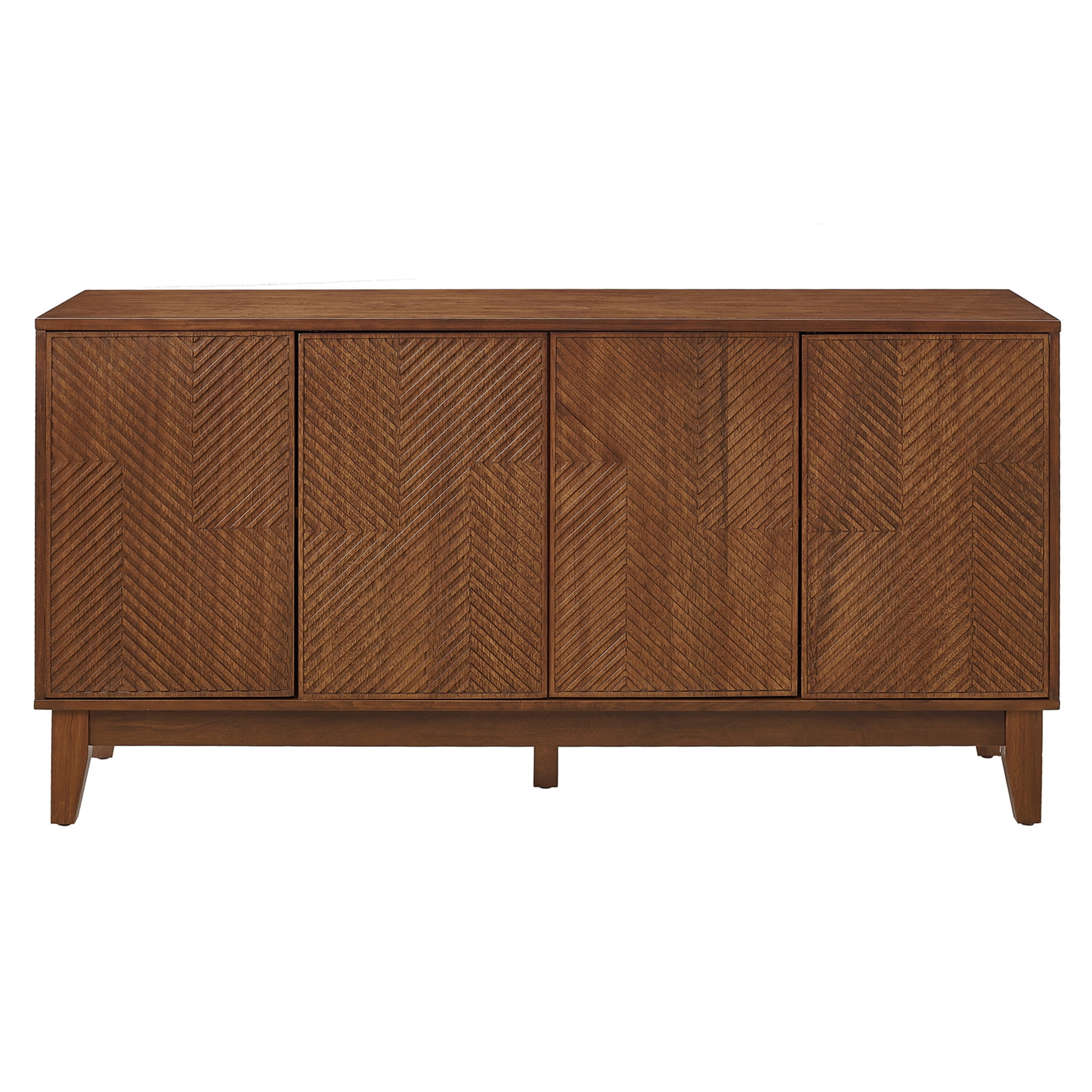 Noble House Nelly 56" Mid Century Modern TV Stand, Carved Geometric 4-Door Media Console Sideboard, Walnut