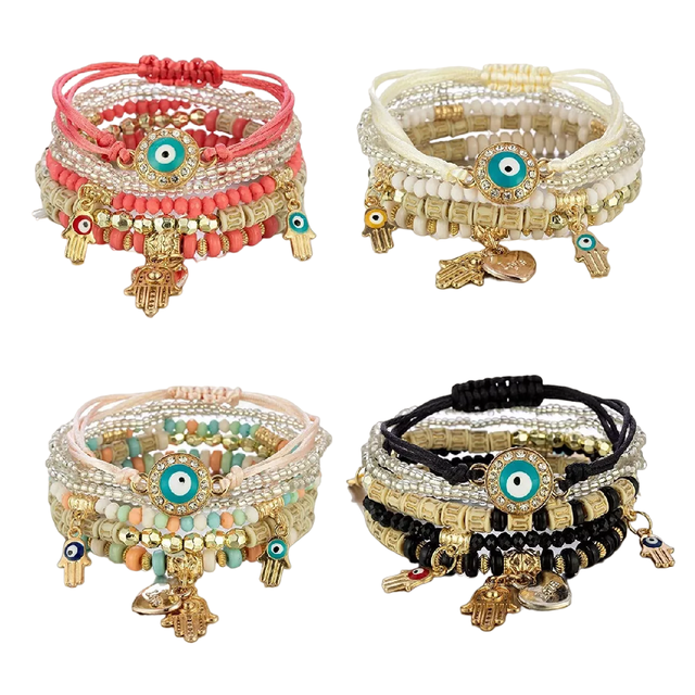 Set de Pulseras Malubero 4 Pulseras de Amistad Cuentas Boho y Multicapa