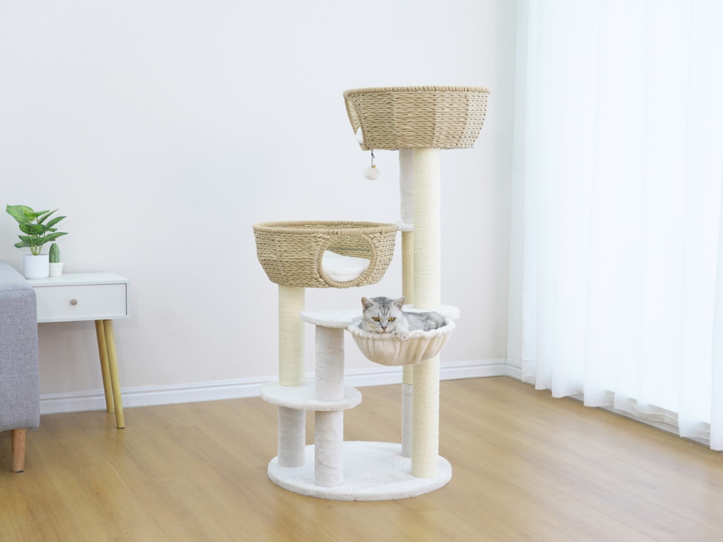 Home4Cat 48" Cat Tree with Two Handwoven Basket Bed, Hammock, Sisal Scratching Posts, Beige & Cream