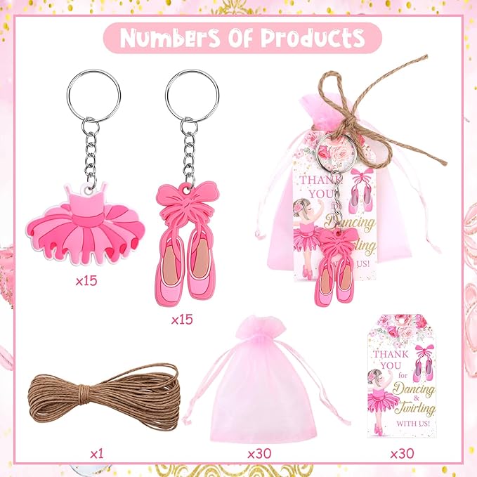 Serencatcher Ballerina  Favors, 90pcs Ballet  Favors Baby Shower Birthday Bags Filler Ballerina Tutu Shoes Keychains Thank You Tags Pink Organza Bags for Ballerina Baby Shower Birthday