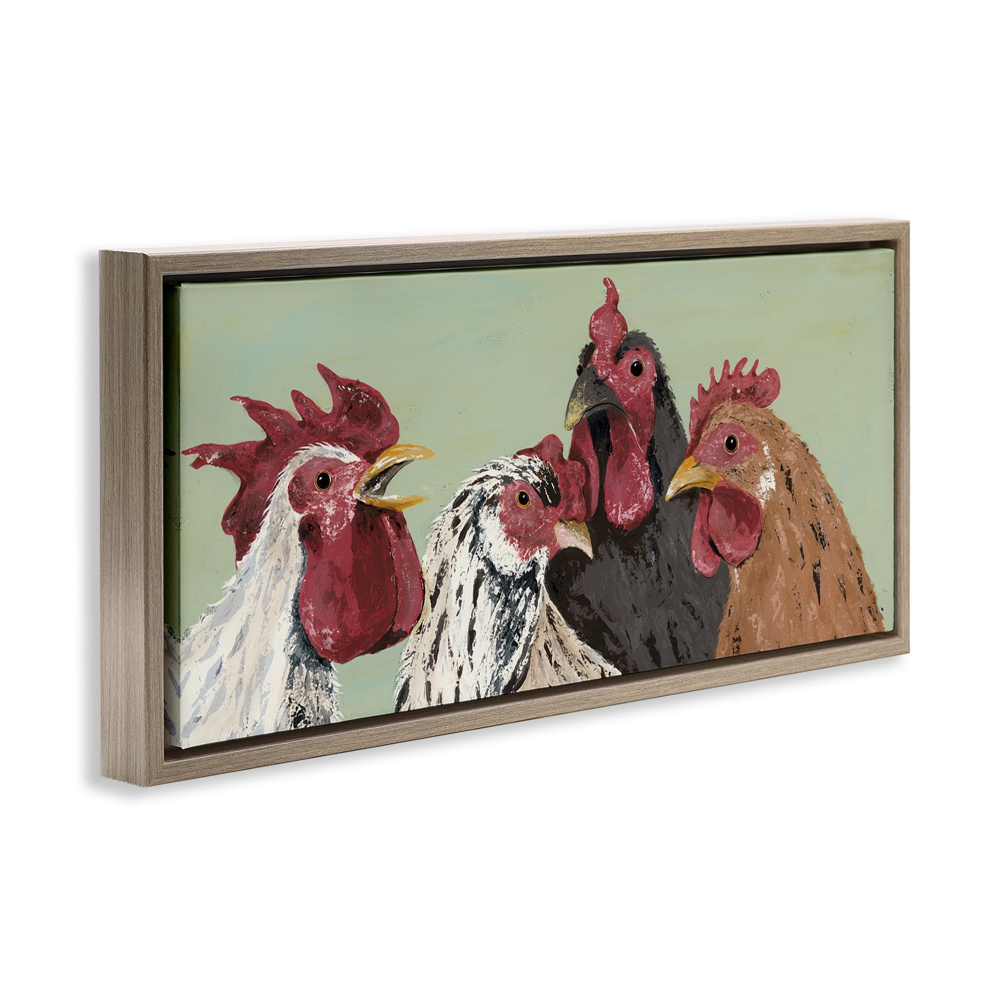 Stupell Industries Four Roosters over Green Animals & Insects Painting Brown Floater Framed Canvas Art Print Wall Art, 31 x 14