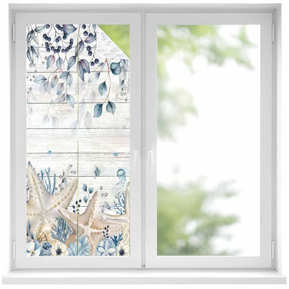 Blue Beige Coastal Window Privacy Film, Beach Starfish Summer Eucalyptus Retro Static Cling UV Sun Blocking Heat Control Window Tint Day and Night, Non-Adhesive One Way Privacy Cover 19.6''x39.3''