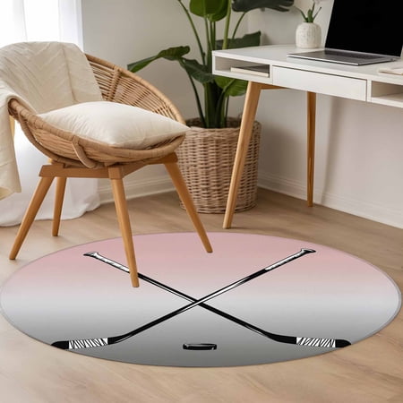 Ice Hockey 3.3ft Round Rug for Bedroom Reading Corner Winter Sports Pink Grey Gradients Washable Non Slip Circle Area Rug