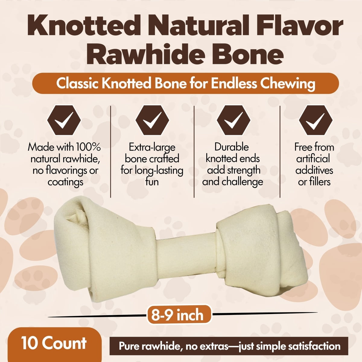 Knotted 8 to 9-in Natural Flavor Rawhide Bone Dog Treats, 10 CT