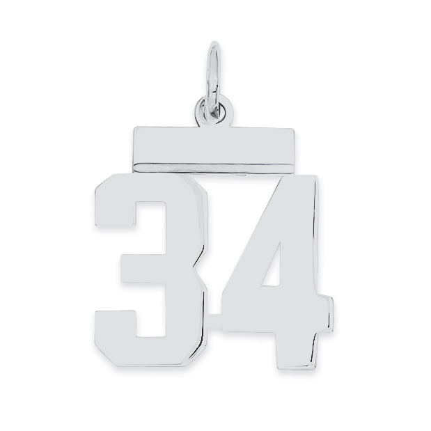 Sterling Silver Rhodium-plated Small Polished Number 34 Charm QSS34 (20mm x 8mm)