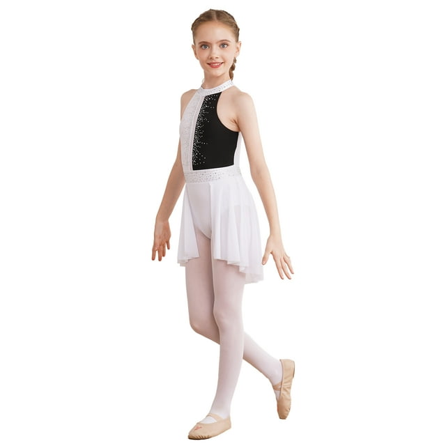 Kaerm Robe de Danse Lyrique Sans Manches pour Filles, Robe de Patinage Artistique, Justaucorps de Gymnastique Blanc&Noir 10