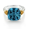 thumbnail image 2 of Gem Stone King 925 Silver and 10K Yellow London Blue Topaz and Yellow Citrine and Diamond Ring for Women (9.63 Cttw, 12MM Cushion and 5mm Trillion) (Size 9), 2 of 3