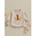 thumbnail image 3 of FEORJGP Toddler Baby Boys Girls Easter Romper 3M 6M 12M 18M Infant Fuzzy Bunny Embroidery Jumpsuit Long Sleeve Loose Bodysuit Crew Neck Pullover Newborn Casual Cute Playsuit for Spring Fall, 3 of 9