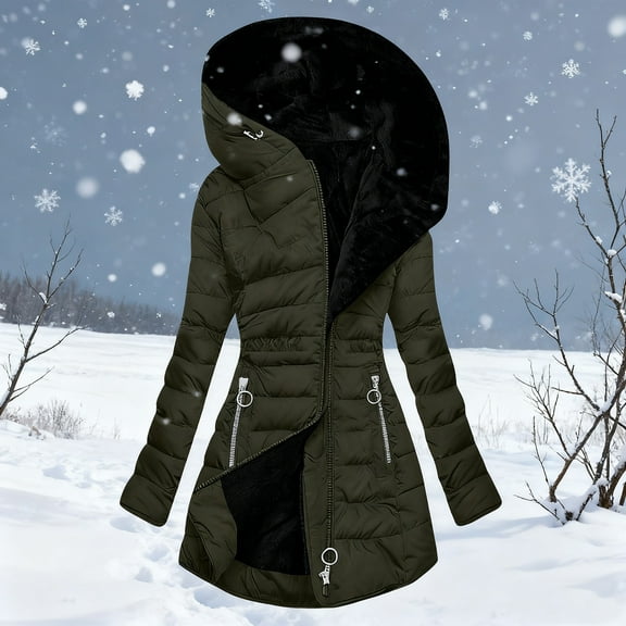 Zedker Winter Women's Long Sleeve Zipper Casual Hooded Padded Jackets with Pockets, Comfy Thicken Thermal Outerwears with Elastic Waist,Army Green,L