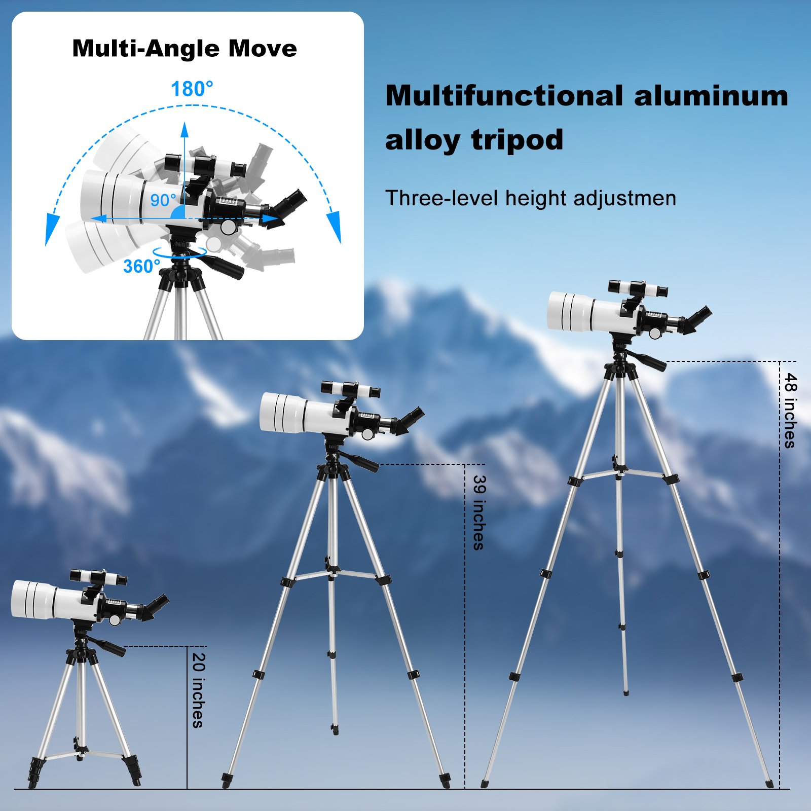 TOPVISION Telescope, 70mm Telescopes for Adults & Kids, 300mm Portable Refractor Telescope (15X-150X) with a Phone Adapter & Adjustable Tripod for Astronomy Beginners, Gift for Kids - image 5 of 10