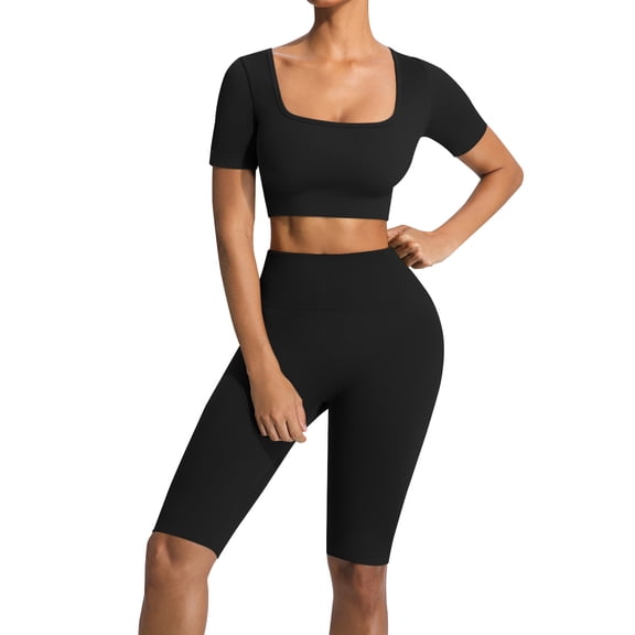 Athlemo Women's Workout Set 2-Piece Seamless Ribbed - Yoga Outfit with Top & Shorts