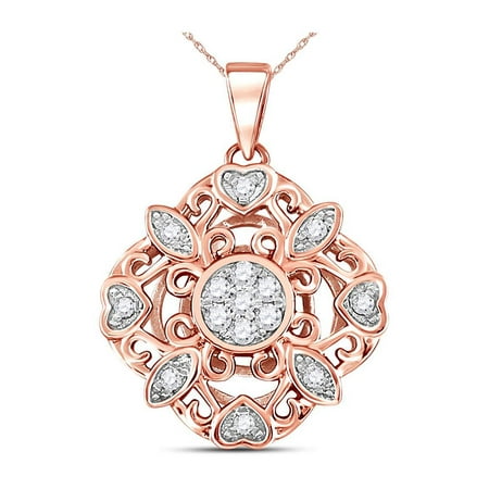 - 14kt Rose Gold Womens Round Diamond Diagonal Square Heart Cluster Pendant 1/4 Cttw