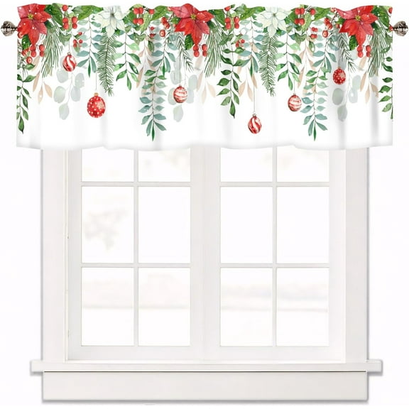 Christmas Green Leaves Curtain Valance for Windows Poinsettia Flower Balls Rod Pocket Window Treatments 1 Panel Short Curtains for Kitchen Windows Bathroom Bedroom,54 x 18 Inch