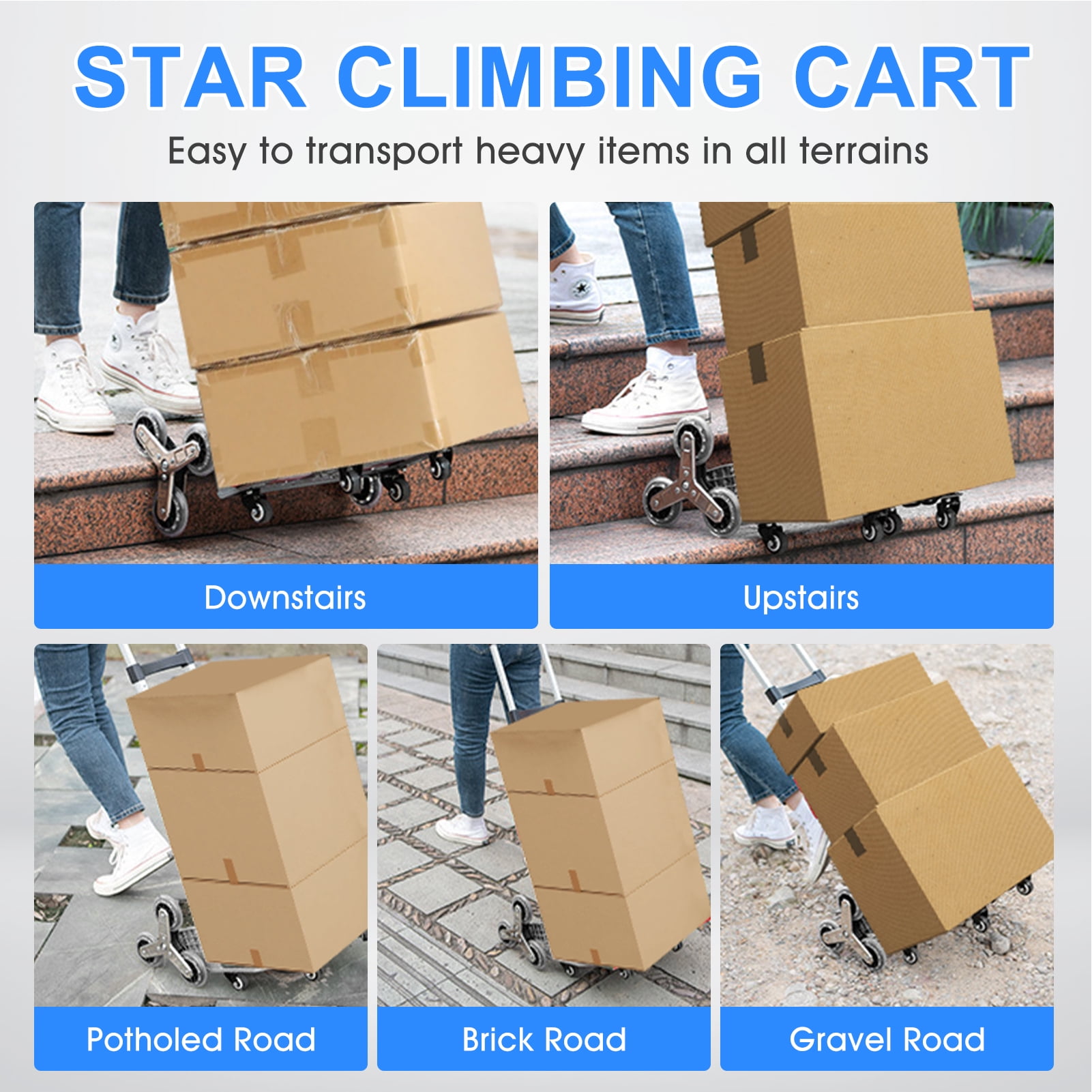 Stair Climbing Cart, 220 lbs Capacity, Foldable Heavy-Duty Hand Truck with 33.8-41.7 inch Adjustable Handle Height, 4 Universal Wheels & Elastic Ropes, Multipurpose Dolly for Warehouse Shopping
