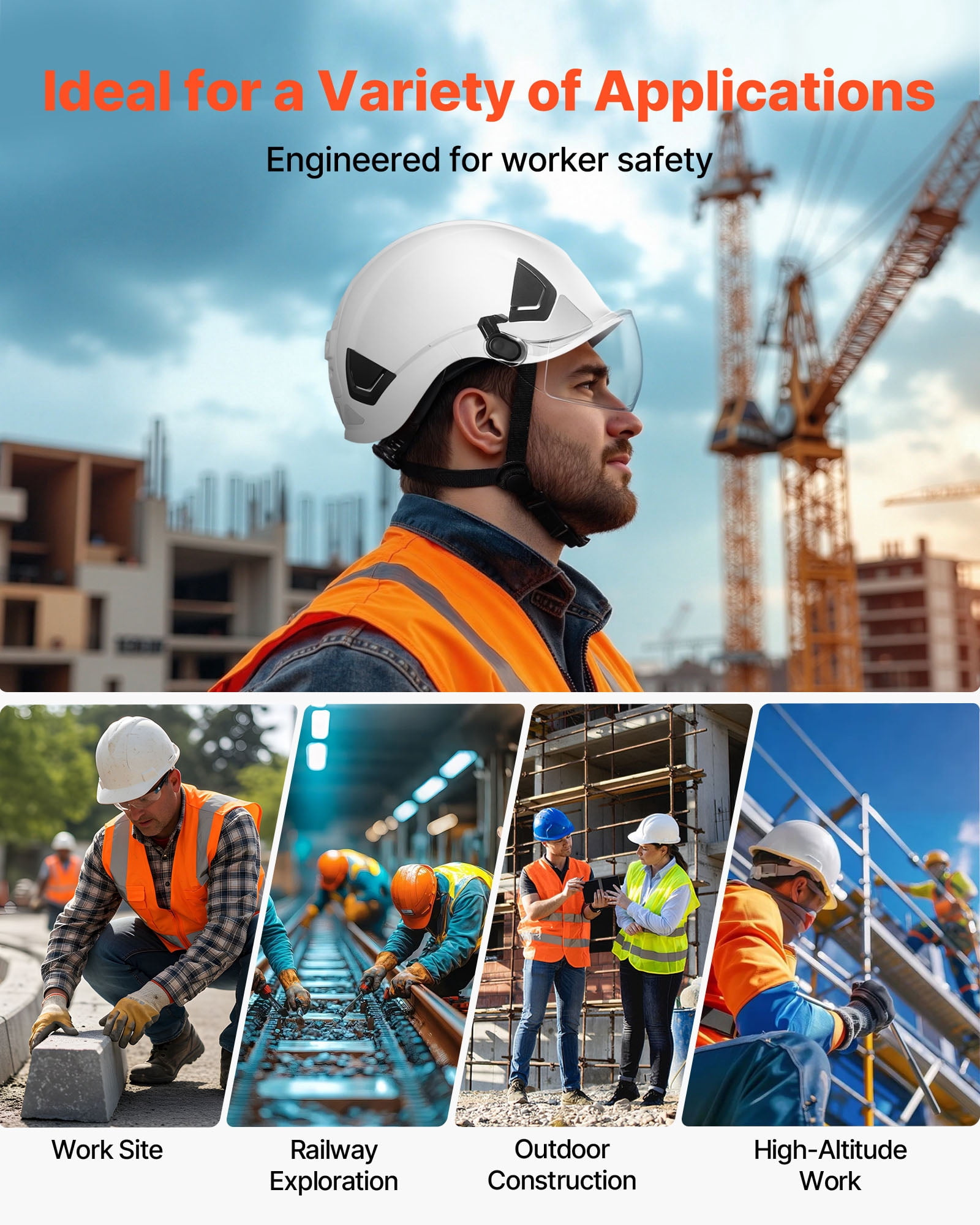 VEVOR Industrial Safety Helmet, ANSI/ISEA Z89.1 Approved ABS Hard Hat with Visor & 6-Point Ratchet Suspension, Adjustable Vented Hardhat for Men & Women, for Outdoor and Indoor Construction Workwear