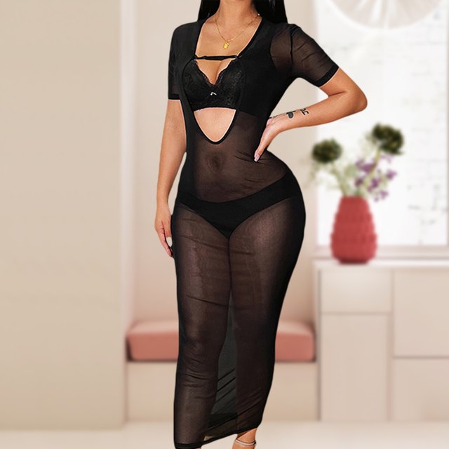 Vestido De Malla Negro Vestido de fiesta en la playa para mujer Traje de ropa de calle transparente con agujeros (L negro) Cgtredaw Para estrenar