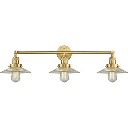 

Satin Gold Tone Bathroom Vanity 33 Wide Clear Glass Steel/Cast Brass/Glass Medium Base LED 3 Light Fixture