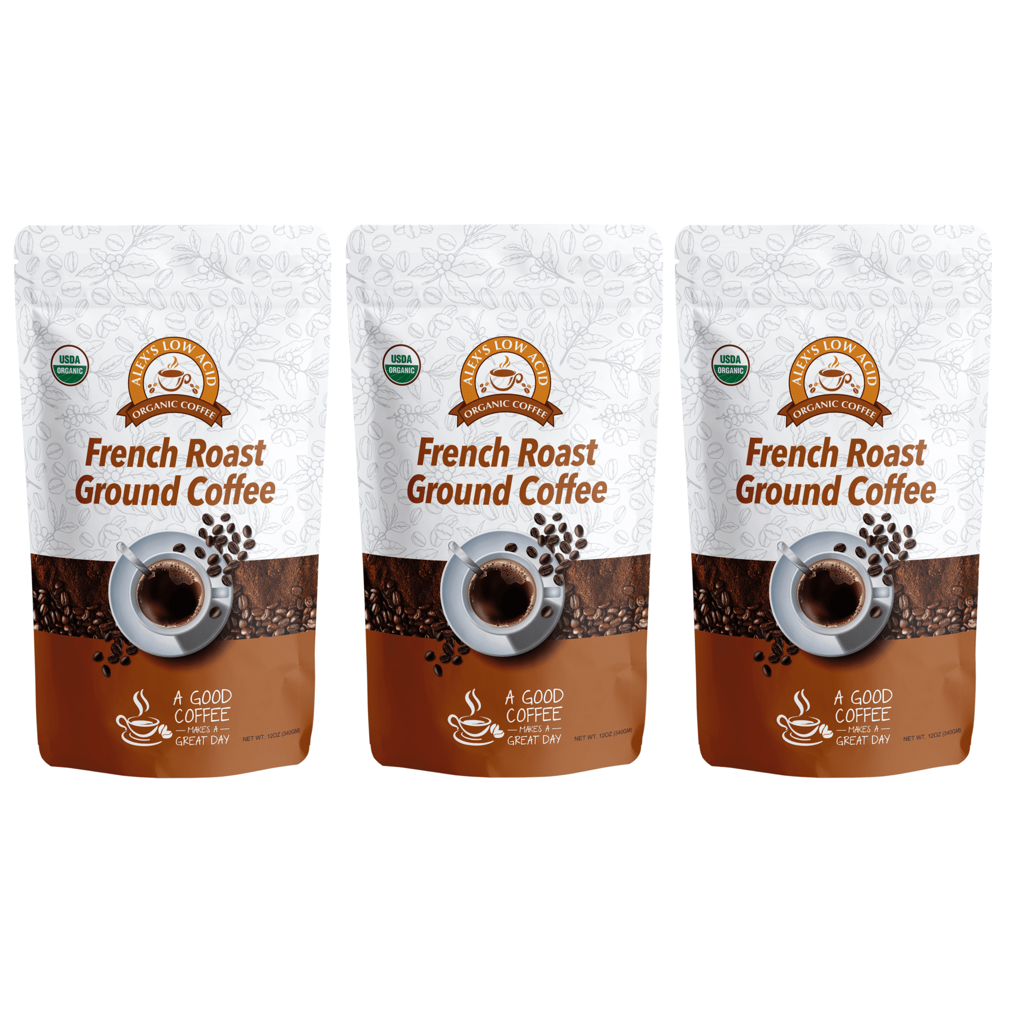 Alex's Low Acid Organic Coffee - Rise And Shine Fresh Ground, 12oz Bag (Pack Of 3), USDA Organic, Gentle On Stomach