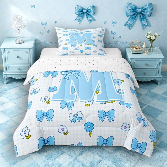 Castle Fairy Blue Bow Letter M Twin Comforter Sets 3-Piece for Girls,Cute Flowers Bedding Set