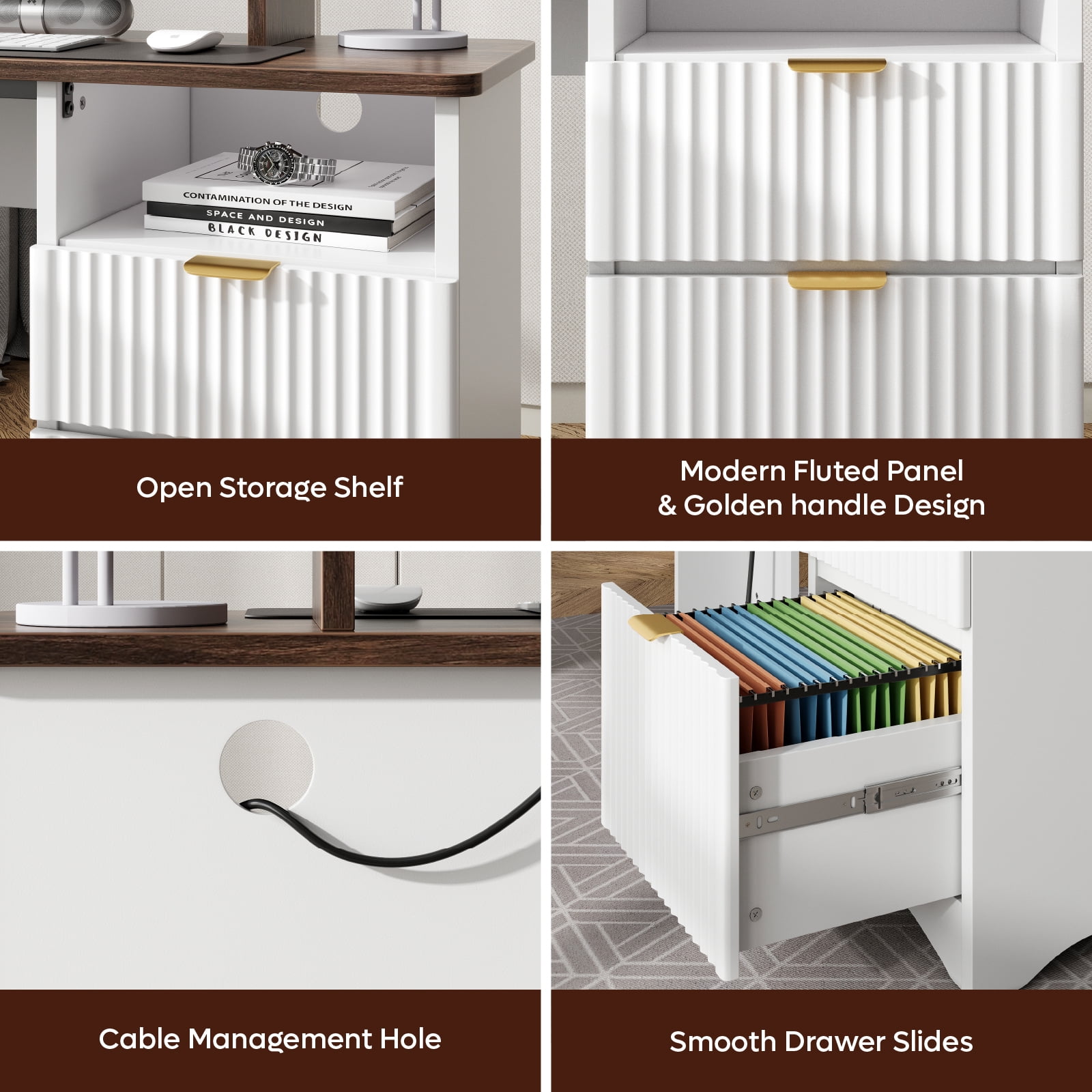 Bestier 55" L-shaped Computer PC Desk Lift Top with Power Outlets Storage Drawers and Monitor Stand, Walnut and White