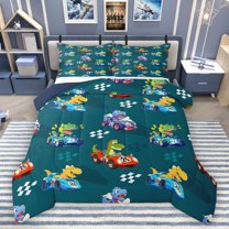 Homewish Cartoon Race Car Bedding Comforter Set,Kawaii Wild Dinosaur Twin Comforter Sets,Extreme Sports Bedding Set For Teens,Microfiber Bedroom Decor Reversible,2pcs