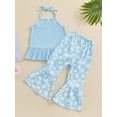 thumbnail image 4 of Suealasg Little Girls 2 Piece Summer Outfits Sleeveless Tie-Up Halter Neck Ribbed Ruffled Tops Daisy Flare Pants Set Toddler Kids Girls Beach Clothes, 4 of 8