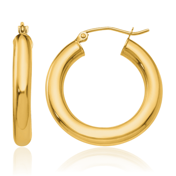 14K Solid Yellow Gold 4mm Tube Round Medium Hoop Earrings