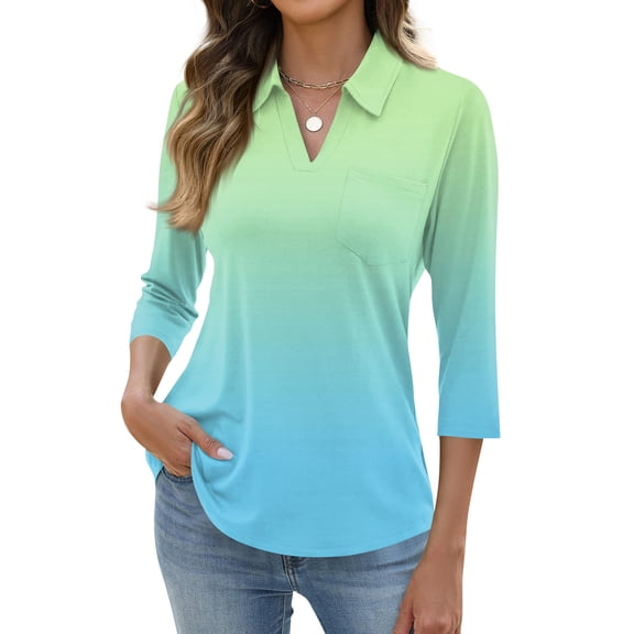 3/4 Length Sleeve Womens Tops Dressy Casual V Neck Gradient Polo Shirts Business Work Blouses 2026 Trendy Tunic Top Turquoise 3XL