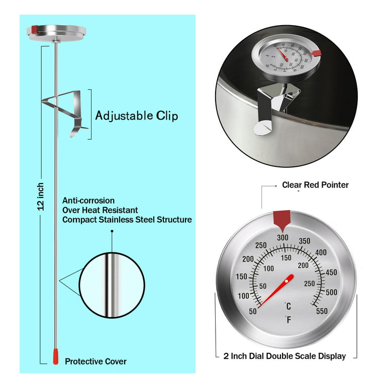 Meat Candy Deep Fry Thermometer - Water Proof 2 Dial Thermometer 12 Long  Stem Cooking Stainless Steel Thermometer for Grill, Turkey, BBQ