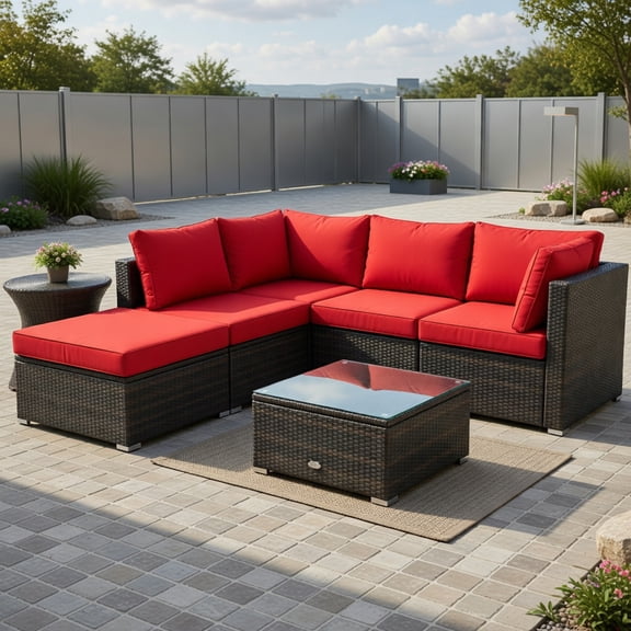GVN Backyard Furniture Sets,Outdoor Furniture Sets,6 Pieces Outdoor Patio Rattan Furniture Set Sofa Ottoman-Red