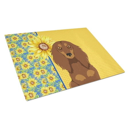 

Summer Sunflowers Longhair Chocolate and Tan Dachshund Glass Cutting Board Large 12 in x 15 in