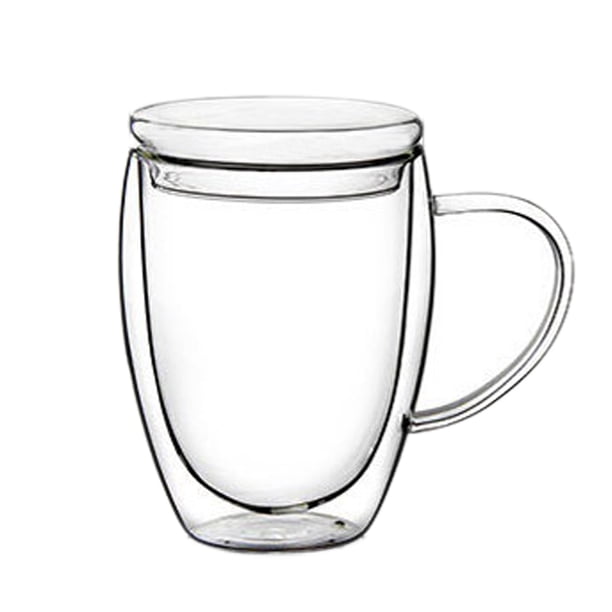 Taza de doble pared transparente con tapa, taza de café espesa, taza de leche doble