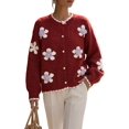 thumbnail image 3 of Women 3D Floral Applique Pearl Button Scalloped Trim Crew Neck Knit Cardigan Red S, 3 of 9
