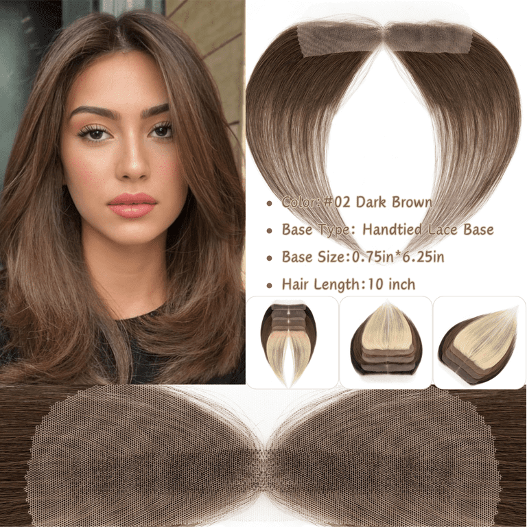 Human Hair Topper No Bangs Middle Part Lace Base Clip On Hairpiece 11 Inches Benehair Handtied Lace Base Clip In Hairpiece 100% Remy Real  main image 3